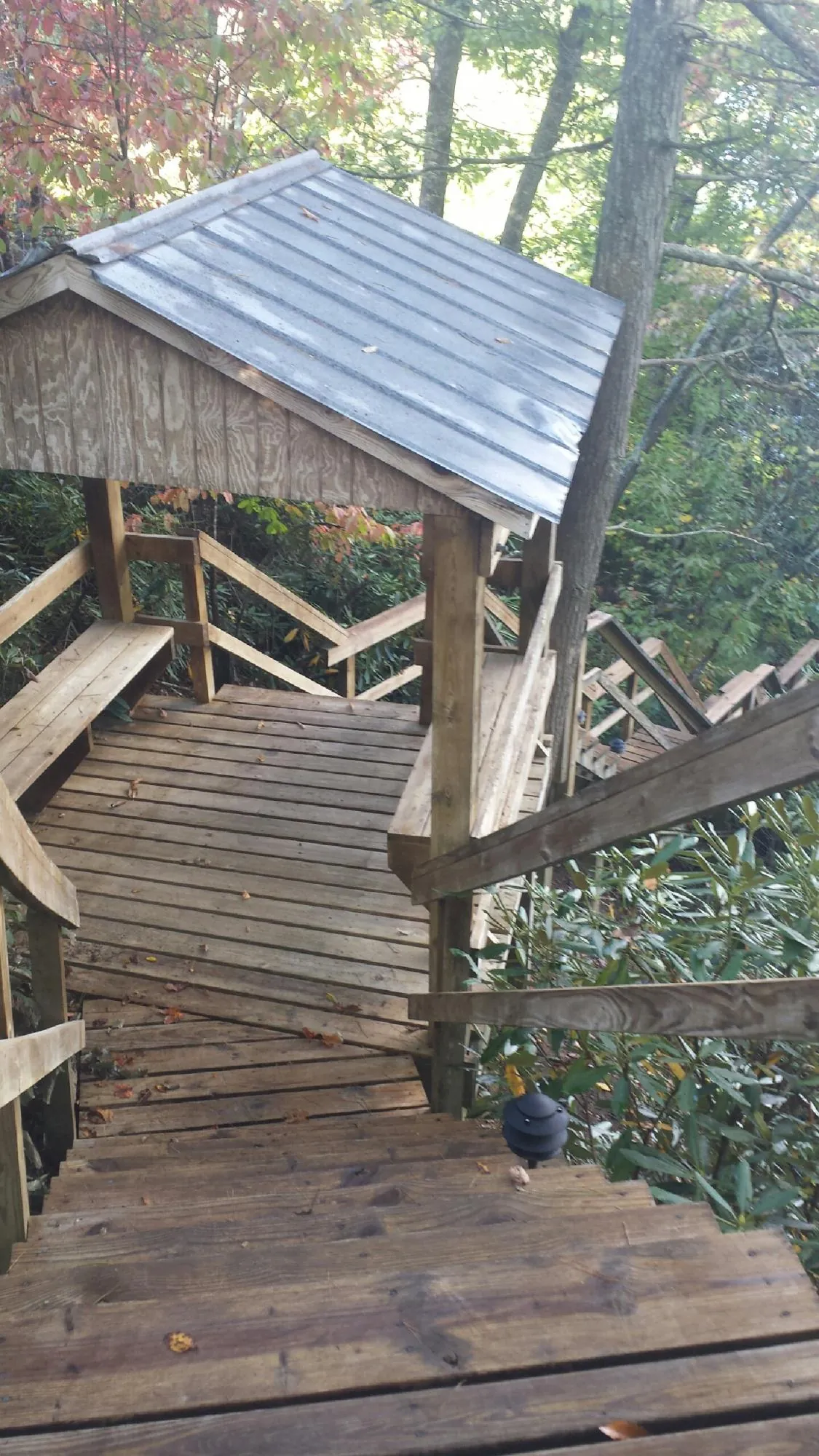 Metal roofed shelter over wooden steps on a wooded walkway — Skylight Repair & Installation work by our crew in Eunice